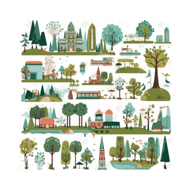 Basit şehir bahçesi unsurları düz tasarım karikatür Beckground, şablon, web için izole beyaz arkaplan