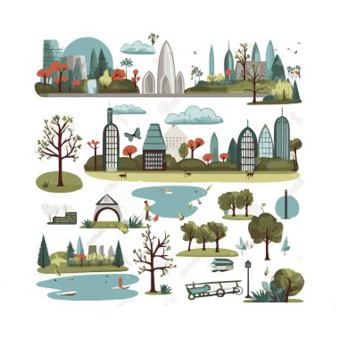 Basit şehir bahçesi unsurları düz tasarım karikatür Beckground, şablon, web için izole beyaz arkaplan