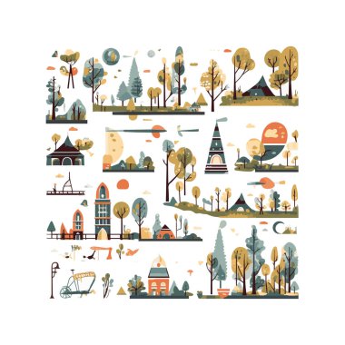 Basit şehir bahçesi unsurları düz tasarım karikatür Beckground, şablon, web için izole beyaz arkaplan