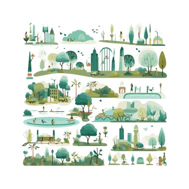 Basit şehir bahçesi unsurları düz tasarım karikatür Beckground, şablon, web için izole beyaz arkaplan