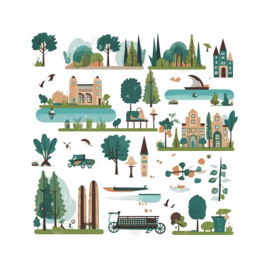 Basit şehir bahçesi unsurları düz tasarım karikatür Beckground, şablon, web için izole beyaz arkaplan