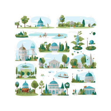 Basit şehir bahçesi unsurları düz tasarım karikatür Beckground, şablon, web için izole beyaz arkaplan