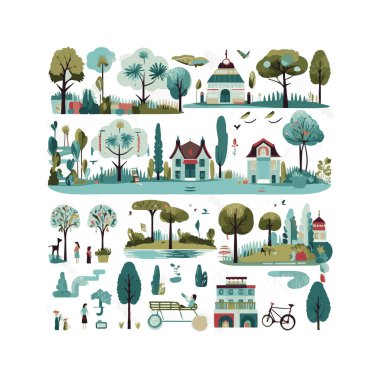 Basit şehir bahçesi unsurları düz tasarım karikatür Beckground, şablon, web için izole beyaz arkaplan