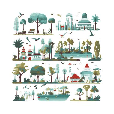 Basit şehir bahçesi unsurları düz tasarım karikatür Beckground, şablon, web için izole beyaz arkaplan