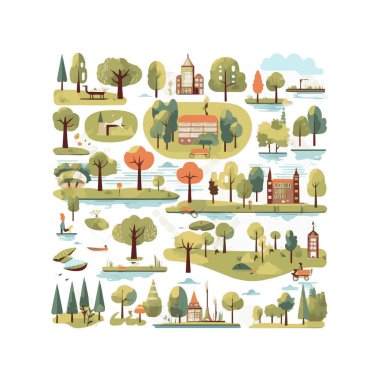 Basit şehir bahçesi unsurları düz tasarım karikatür Beckground, şablon, web için izole beyaz arkaplan