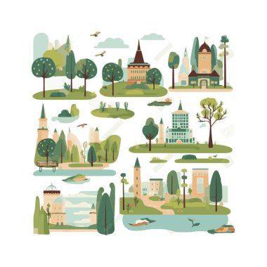 Basit şehir bahçesi unsurları düz tasarım karikatür Beckground, şablon, web için izole beyaz arkaplan