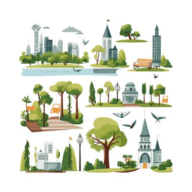 Basit şehir bahçesi unsurları düz tasarım karikatür Beckground, şablon, web için izole beyaz arkaplan