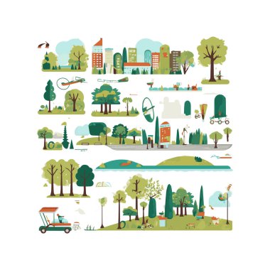 Basit şehir bahçesi unsurları düz tasarım karikatür Beckground, şablon, web için izole beyaz arkaplan