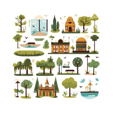 Basit şehir bahçesi unsurları düz tasarım karikatür Beckground, şablon, web için izole beyaz arkaplan
