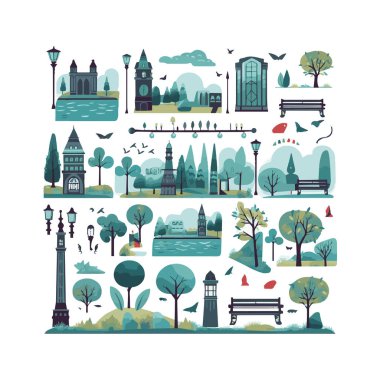 Basit şehir bahçesi unsurları düz tasarım karikatür Beckground, şablon, web için izole beyaz arkaplan