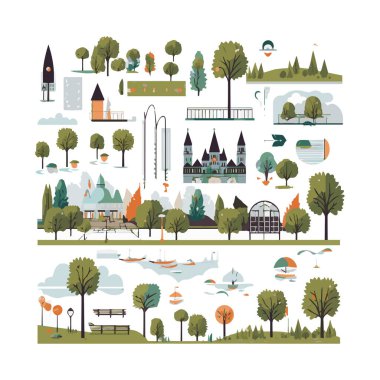 Basit şehir bahçesi unsurları düz tasarım karikatür Beckground, şablon, web için izole beyaz arkaplan