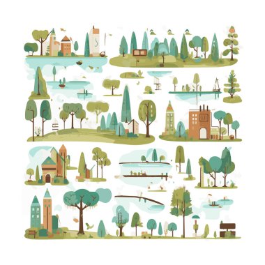 Basit şehir bahçesi unsurları düz tasarım karikatür Beckground, şablon, web için izole beyaz arkaplan