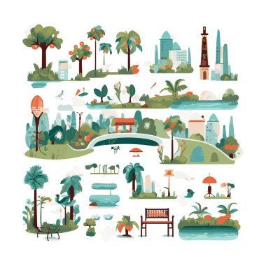 Basit şehir bahçesi unsurları düz tasarım karikatür Beckground, şablon, web için izole beyaz arkaplan