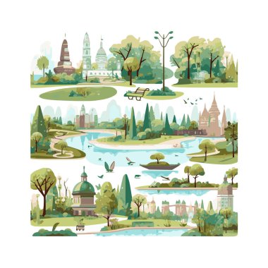 Basit şehir bahçesi unsurları düz tasarım karikatür Beckground, şablon, web için izole beyaz arkaplan