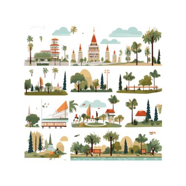 Basit şehir bahçesi unsurları düz tasarım karikatür Beckground, şablon, web için izole beyaz arkaplan