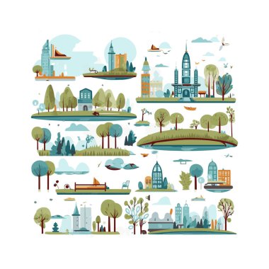 Basit şehir bahçesi unsurları düz tasarım karikatür Beckground, şablon, web için izole beyaz arkaplan