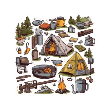 Basit bir düz dizayn kamp ekipmanı karikatür elementi arka plan, şablon için beyaz arkaplan izole ettik.