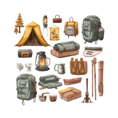 Basit bir düz dizayn kamp ekipmanı karikatür elementi arka plan, şablon için beyaz arkaplan izole ettik.