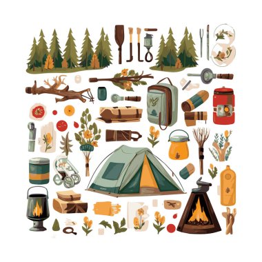 Basit bir düz dizayn kamp ekipmanı karikatür elementi arka plan, şablon için beyaz arkaplan izole ettik.