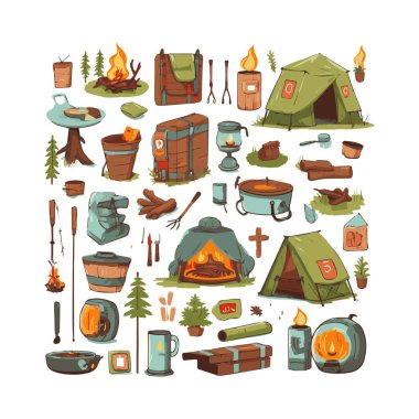 Basit bir düz dizayn kamp ekipmanı karikatür elementi arka plan, şablon için beyaz arkaplan izole ettik.