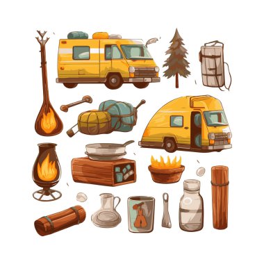 Basit bir düz dizayn kamp ekipmanı karikatür elementi arka plan, şablon için beyaz arkaplan izole ettik.