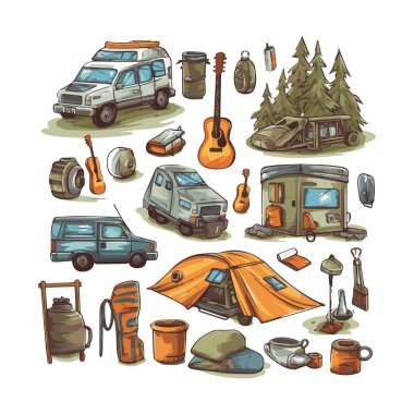 Basit bir düz dizayn kamp ekipmanı karikatür elementi arka plan, şablon için beyaz arkaplan izole ettik.
