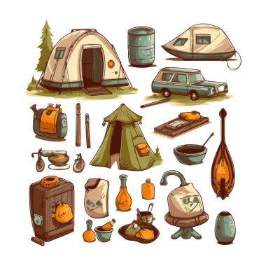 Basit bir düz dizayn kamp ekipmanı karikatür elementi arka plan, şablon için beyaz arkaplan izole ettik.
