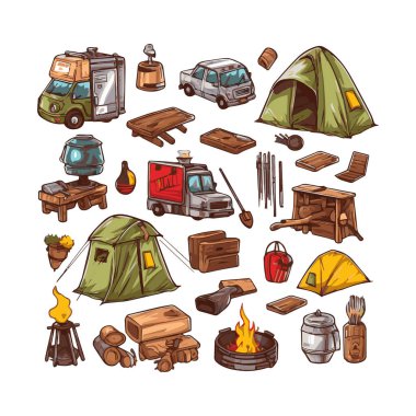 Basit bir düz dizayn kamp ekipmanı karikatür elementi arka plan, şablon için beyaz arkaplan izole ettik.