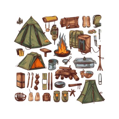 Basit bir düz dizayn kamp ekipmanı karikatür elementi arka plan, şablon için beyaz arkaplan izole ettik.