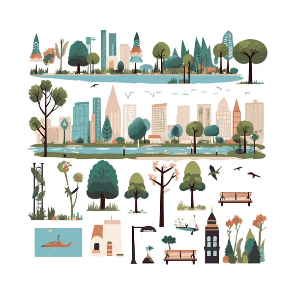 Basit şehir bahçesi unsurları düz tasarım karikatür Beckground, şablon, web için izole beyaz arkaplan