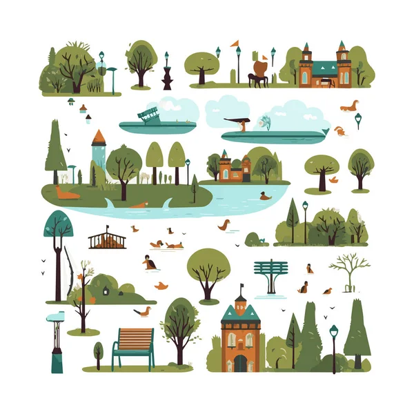 Basit şehir bahçesi unsurları düz tasarım karikatür Beckground, şablon, web için izole beyaz arkaplan