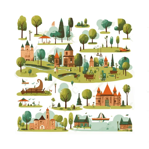 Basit şehir bahçesi unsurları düz tasarım karikatür Beckground, şablon, web için izole beyaz arkaplan