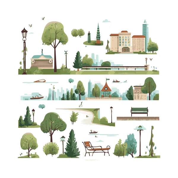 Basit şehir bahçesi unsurları düz tasarım karikatür Beckground, şablon, web için izole beyaz arkaplan