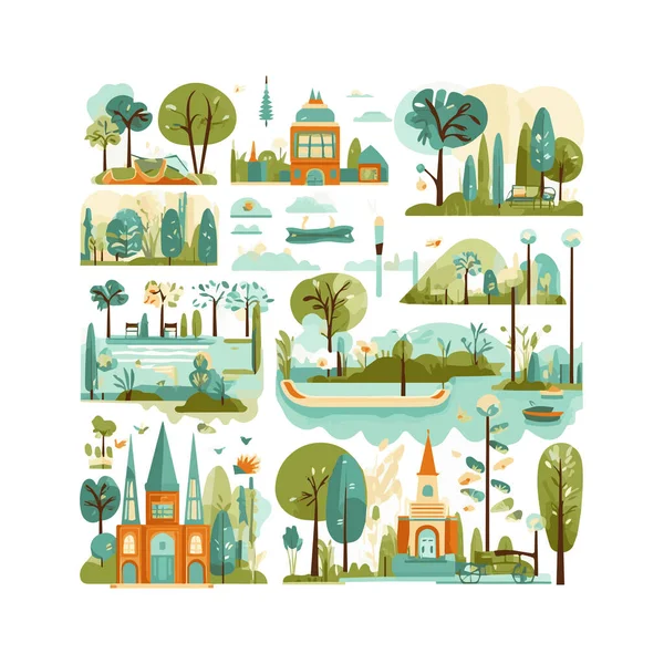 Basit şehir bahçesi unsurları düz tasarım karikatür Beckground, şablon, web için izole beyaz arkaplan