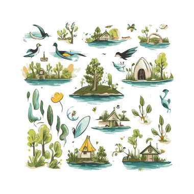  Basit düz tasarım ekoloji illüstrasyon karikatür ögesi arkaplan, şablon, web için beyaz arkaplan izole