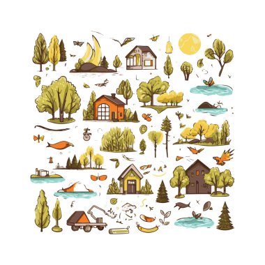  Basit düz tasarım ekoloji illüstrasyon karikatür ögesi arkaplan, şablon, web için beyaz arkaplan izole