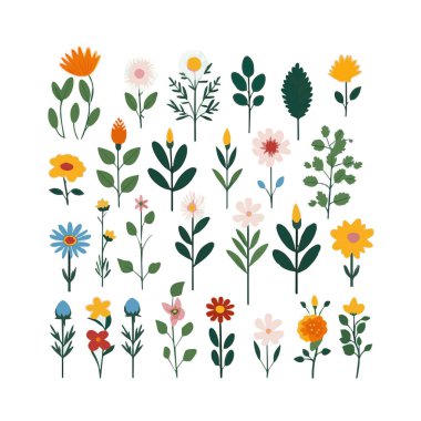Yapraklı çiçek koleksiyonu, çiçek buketleri. Vektör çiçekler. Botanik elementli bahar sanat baskısı. Mutlu Paskalyalar. Halk tarzı. Bahar tatili için posterler. Beyaz arkaplanda izole edilmiş simgeler.