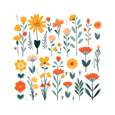 Yapraklı çiçek koleksiyonu, çiçek buketleri. Vektör çiçekler. Botanik elementli bahar sanat baskısı. Mutlu Paskalyalar. Halk tarzı. Bahar tatili için posterler. Beyaz arkaplanda izole edilmiş simgeler.