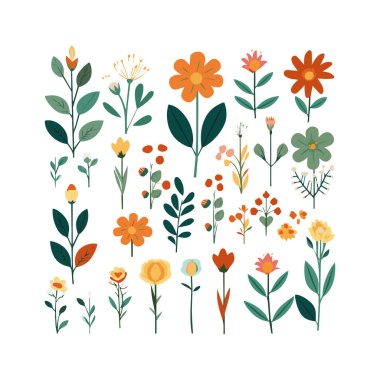 Yapraklı çiçek koleksiyonu, çiçek buketleri. Vektör çiçekler. Botanik elementli bahar sanat baskısı. Mutlu Paskalyalar. Halk tarzı. Bahar tatili için posterler. Beyaz arkaplanda izole edilmiş simgeler.