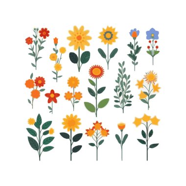 Yapraklı çiçek koleksiyonu, çiçek buketleri. Vektör çiçekler. Botanik elementli bahar sanat baskısı. Mutlu Paskalyalar. Halk tarzı. Bahar tatili için posterler. Beyaz arkaplanda izole edilmiş simgeler.