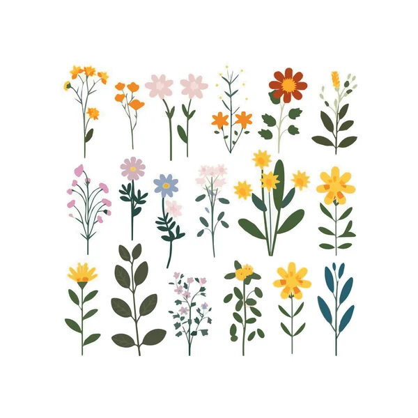 葉と花のコレクション 花花束 ベクトルの花 植物性の春のアートプリント ハッピーイースター 民俗スタイル 春休みのポスター 白い背景に孤立したアイコンは — ストックベクタ