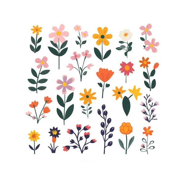 Collection Fleurs Avec Feuilles Bouquets Floraux Fleurs Vectorielles Tirage Art — Image vectorielle