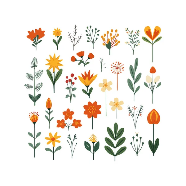 Blumenkollektion Mit Blättern Blumensträußen Vektorblumen Frühlingskunstdruck Mit Botanischen Elementen Frohe — Stockvektor