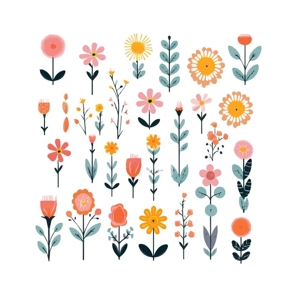 Virággyűjtemény Levelekkel Virágcsokrokkal Vektorvirágok Tavaszi Művészet Nyomat Botanikai Elemekkel Boldog — Stock Vector