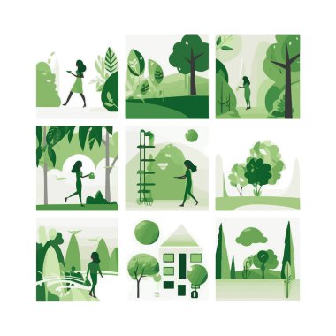 Geri dönüşüm. Doğa ve Yenilenebilir Enerji. Yeşil Enerji ve Doğal Kaynak Koruma. Bir dizi vektör çizimleri. Poster, afiş, kapak resmi için arkaplan resimleri.