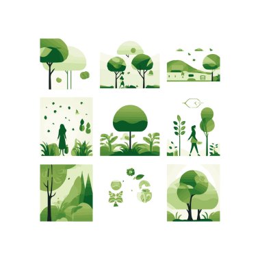 Geri dönüşüm. Doğa ve Yenilenebilir Enerji. Yeşil Enerji ve Doğal Kaynak Koruma. Bir dizi vektör çizimleri. Poster, afiş, kapak resmi için arkaplan resimleri.