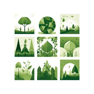 Geri dönüşüm. Doğa ve Yenilenebilir Enerji. Yeşil Enerji ve Doğal Kaynak Koruma. Bir dizi vektör çizimleri. Poster, afiş, kapak resmi için arkaplan resimleri.