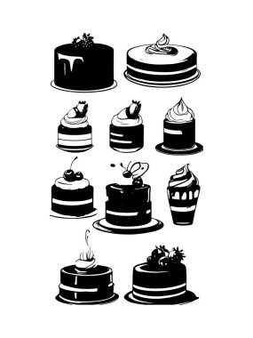 Pasta ile ilgili simgeler: ince vektör simgesi seti, siyah ve beyaz kit