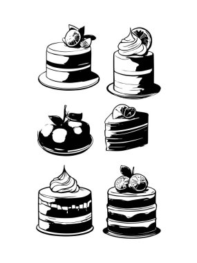 Pasta ile ilgili simgeler: ince vektör simgesi seti, siyah ve beyaz kit