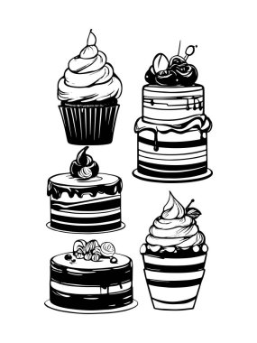 Pasta ile ilgili simgeler: ince vektör simgesi seti, siyah ve beyaz kit